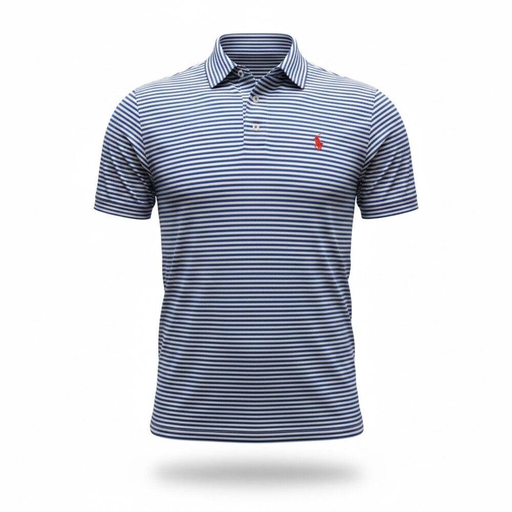Polo Ralph Lauren Golf Shirt Me Large Blue White Stripe Performance Stretch